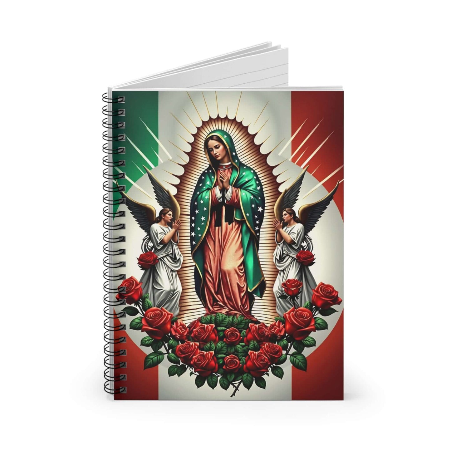 Spiral notebook featuring Virgin of Guadalupe art with angels and roses, perfect for writing, note-taking, and artistic inspiration.