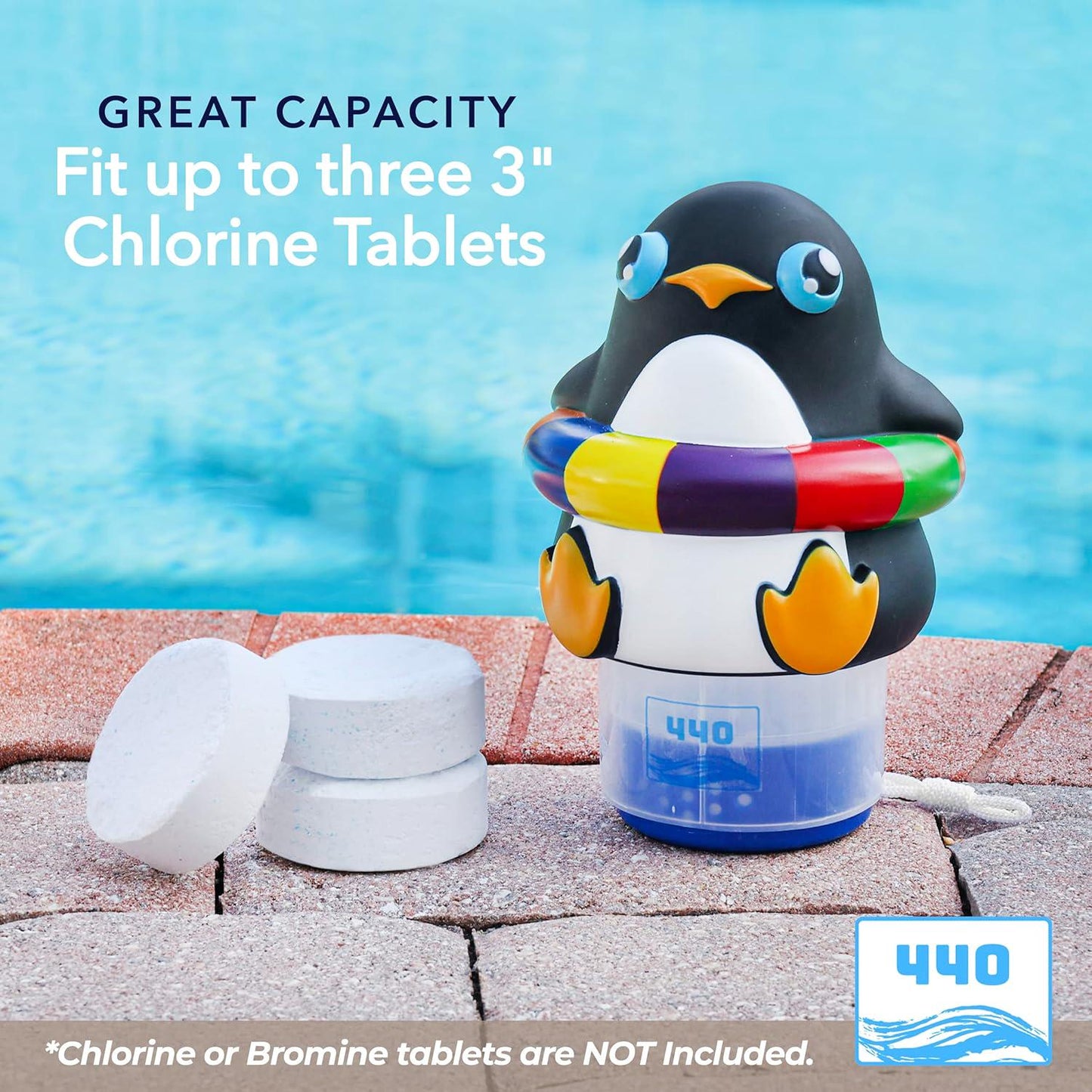 440 Pool Chlorine Floater Dispenser, Fits Up To 3 Pieces Of 3-Inch Chlorine Tabs, Adjustable Flow, Control, Heavy-Duty Plastic - Suitable For Small And Large Pools - 8 Ounces | Cartoon Penguin
