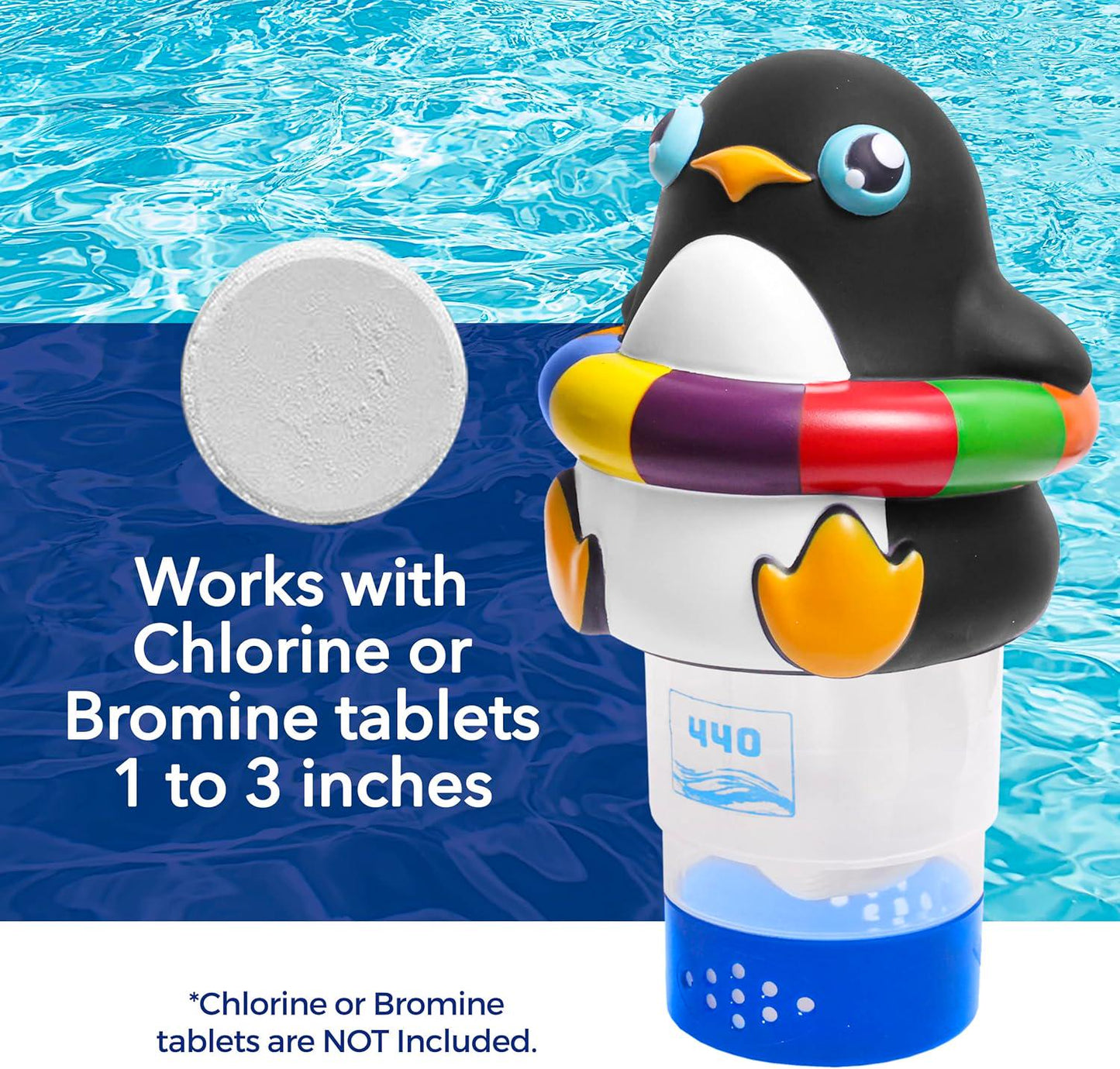 440 Pool Chlorine Floater Dispenser, Fits Up To 3 Pieces Of 3-Inch Chlorine Tabs, Adjustable Flow, Control, Heavy-Duty Plastic - Suitable For Small And Large Pools - 8 Ounces | Cartoon Penguin