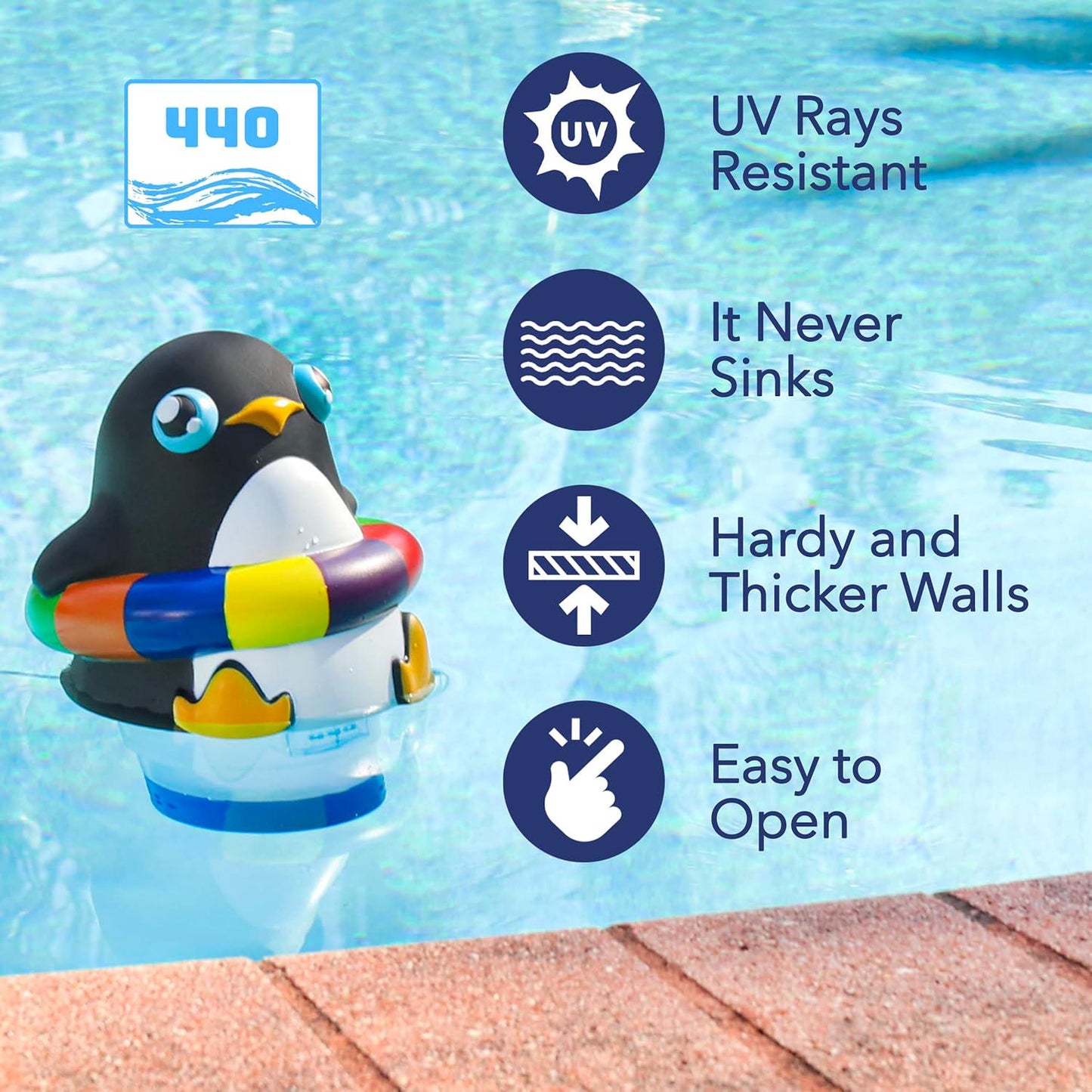 440 Pool Chlorine Floater Dispenser, Fits Up To 3 Pieces Of 3-Inch Chlorine Tabs, Adjustable Flow, Control, Heavy-Duty Plastic - Suitable For Small And Large Pools - 8 Ounces | Cartoon Penguin