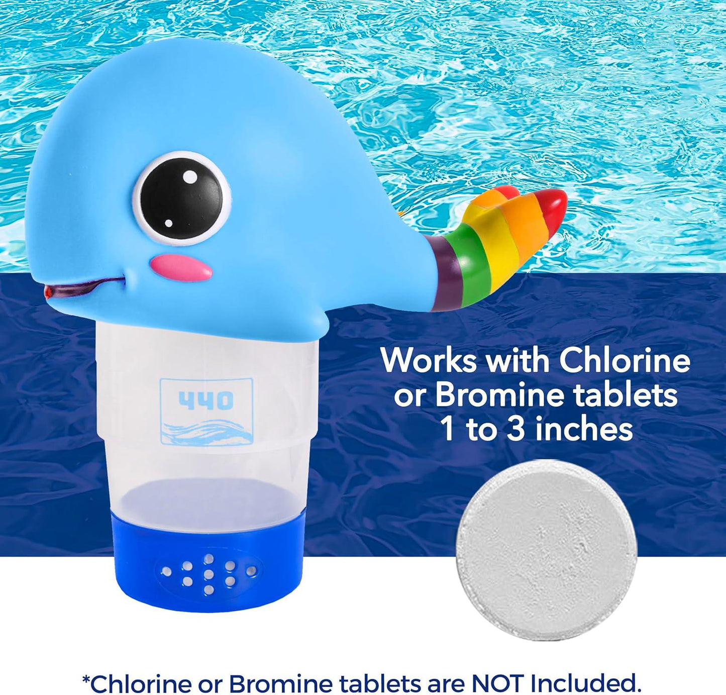 440 Pool Chlorine Floater Dispenser, Fits Up To 3 Pieces Of 3-Inch Chlorine Tabs, Adjustable Flow, Control, Heavy-Duty Plastic - Suitable For Small And Large Pools - 8 Ounces | Cartoon Whale