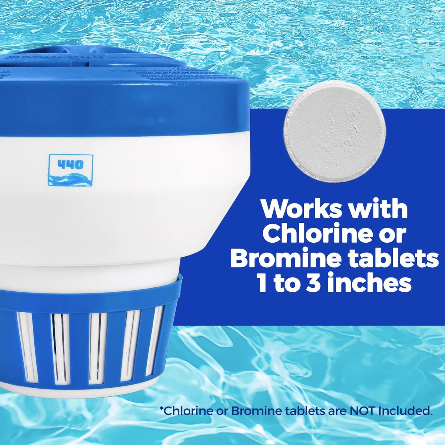440 Pool Chlorine Floater Dispenser, Fits Up To 5 Pieces Of 3-Inch Chlorine Tabs, Adjustable Flow, Control, Heavy-Duty Plastic - Suitable For Small And Large Pools - 9.6 Ounces