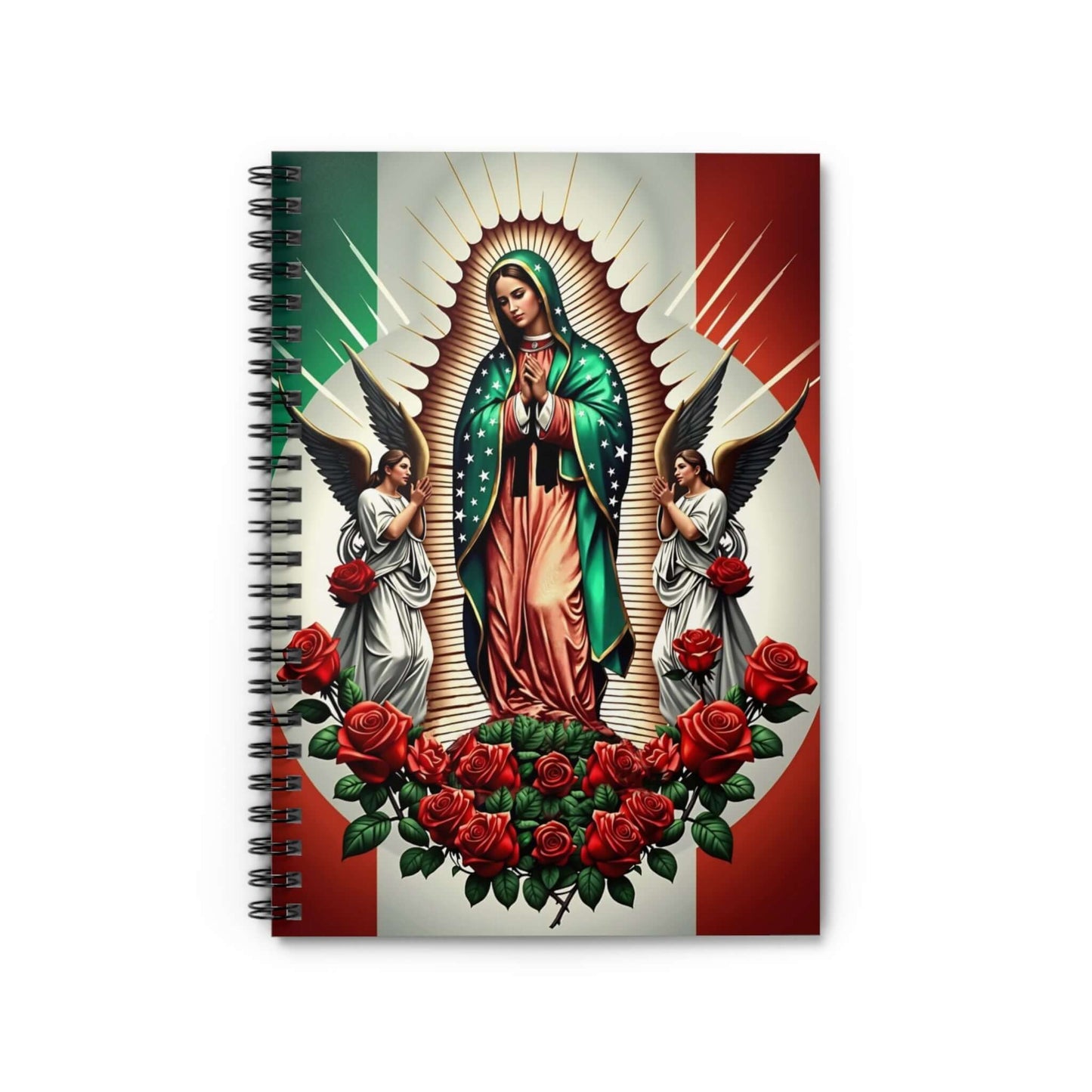 Spiral notebook with Virgin of Guadalupe design, featuring vibrant colors and inspirational imagery, perfect for writing and creativity.