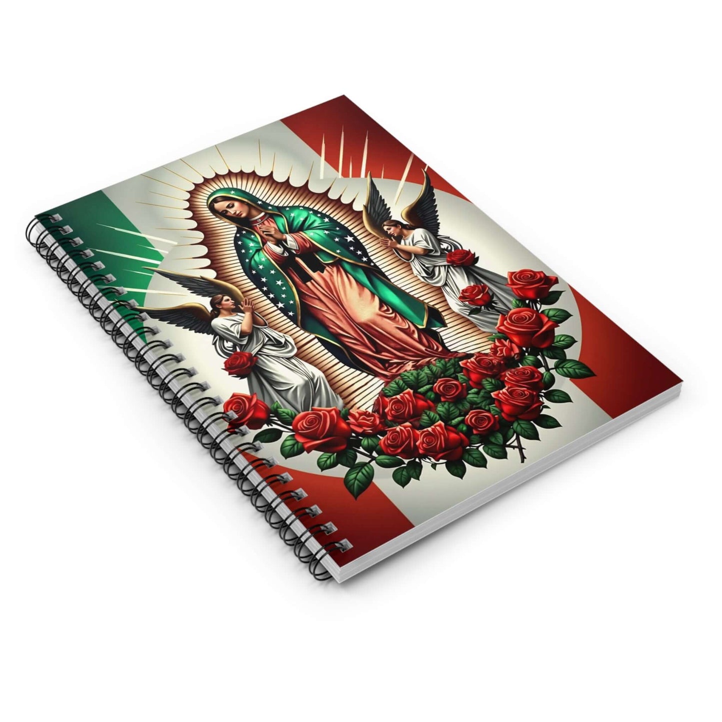 Spiral notebook featuring an artistic image of the Virgin of Guadalupe with red roses and angels, perfect for creative writing.
