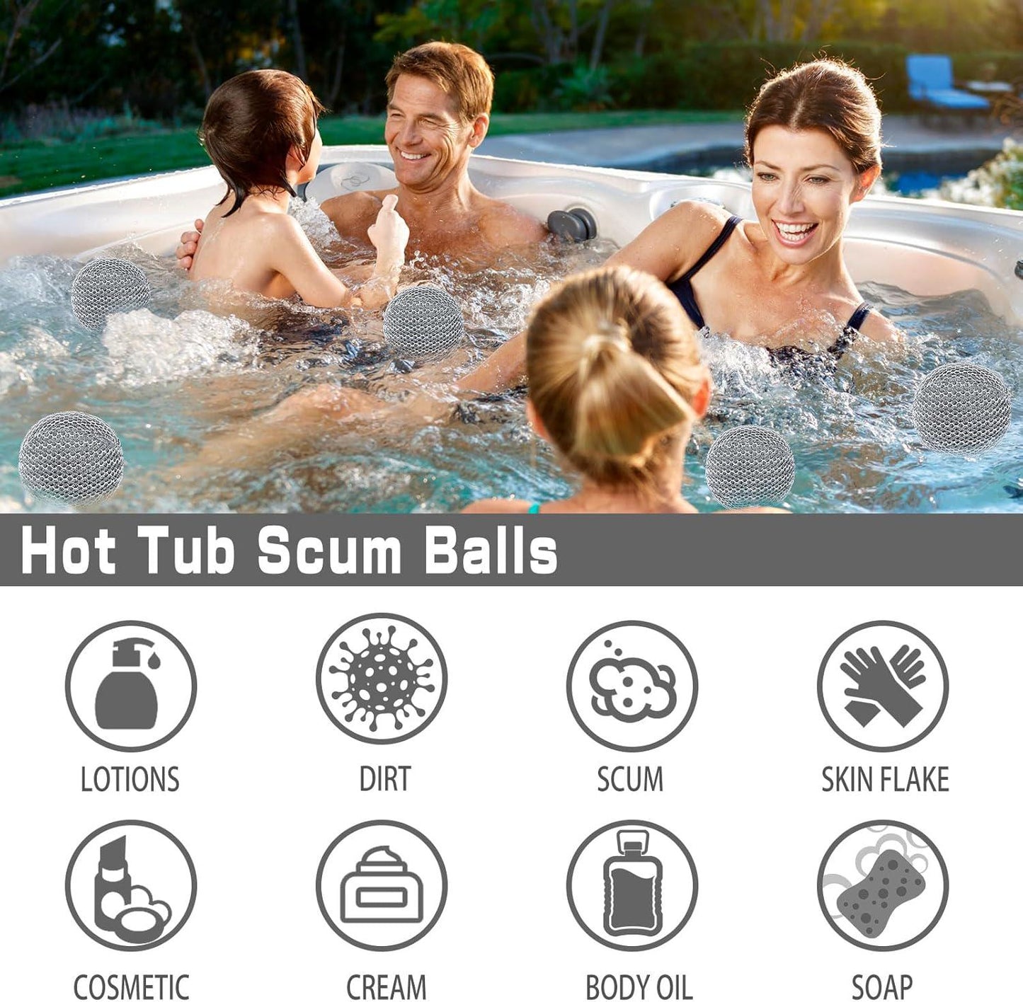 JULMELON Hot Tub Scum Absorber, 4 Pack Spa And Pool Scum Eliminating Balls Reusable Hot Tub Oil Absorbing Sponge Washable Scum Floating Filter To Keep Water Clear For Pool Bath Hot Tub Accessories(Gray)