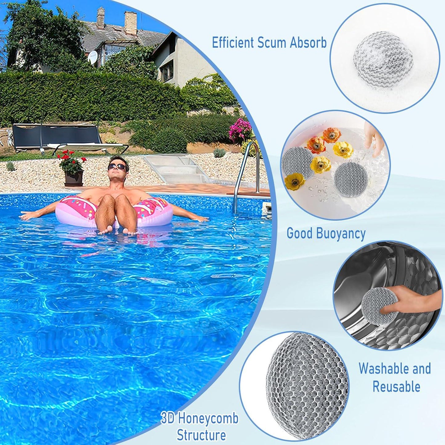JULMELON Hot Tub Scum Absorber, 4 Pack Spa And Pool Scum Eliminating Balls Reusable Hot Tub Oil Absorbing Sponge Washable Scum Floating Filter To Keep Water Clear For Pool Bath Hot Tub Accessories(Gray)