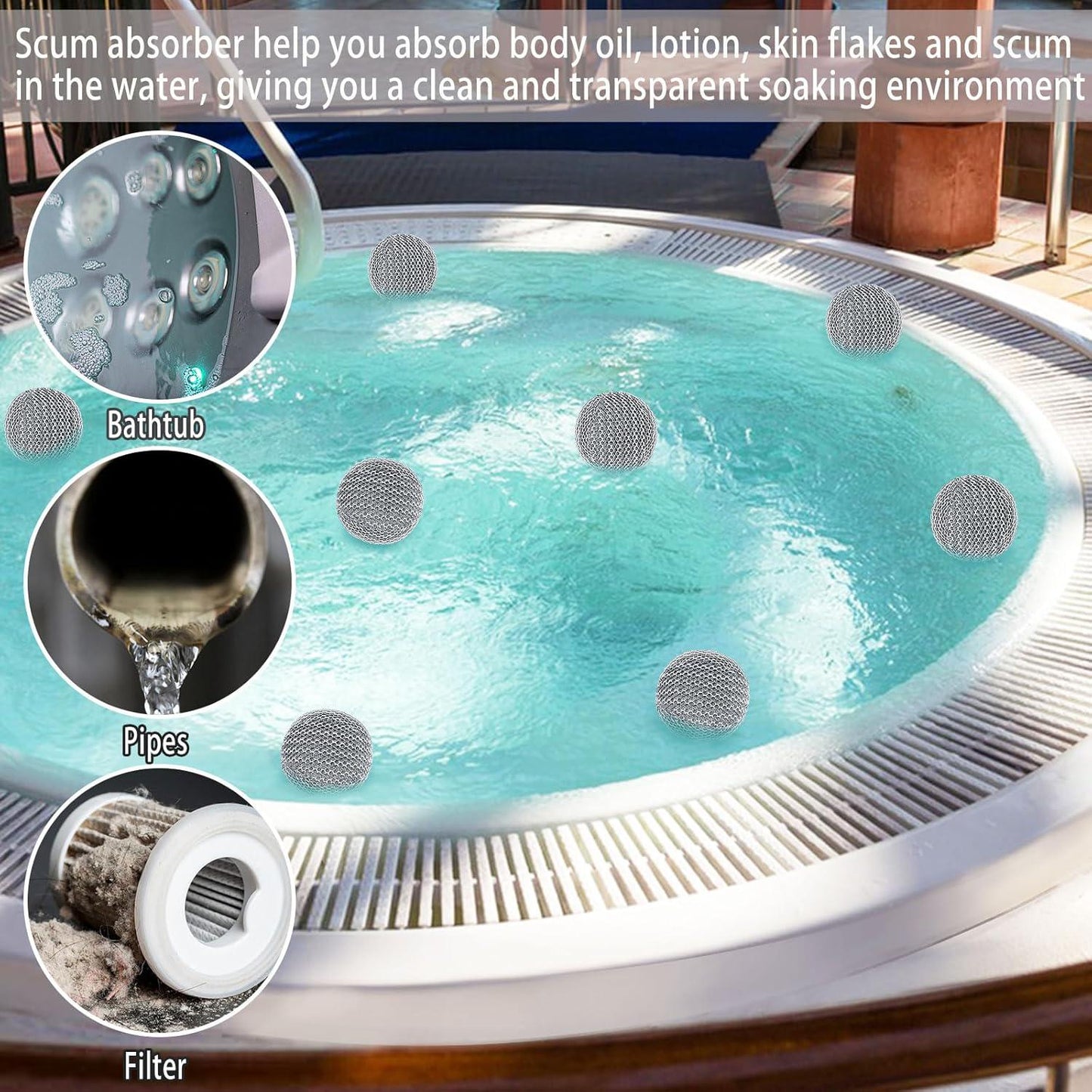 JULMELON Hot Tub Scum Absorber, 4 Pack Spa And Pool Scum Eliminating Balls Reusable Hot Tub Oil Absorbing Sponge Washable Scum Floating Filter To Keep Water Clear For Pool Bath Hot Tub Accessories(Gray)