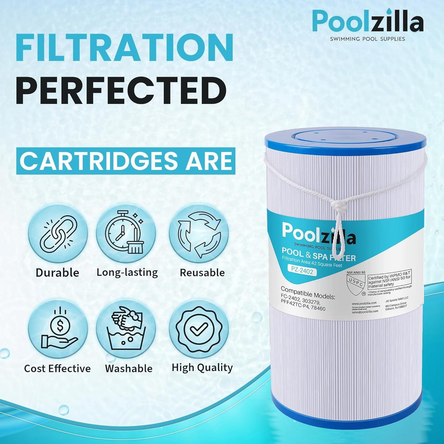 Poolzilla 2-Pack Spa Filter Replacement Cartridge, FC-2402 For Watkins 303279, PFF42TC-P4, 78460, SD-01322