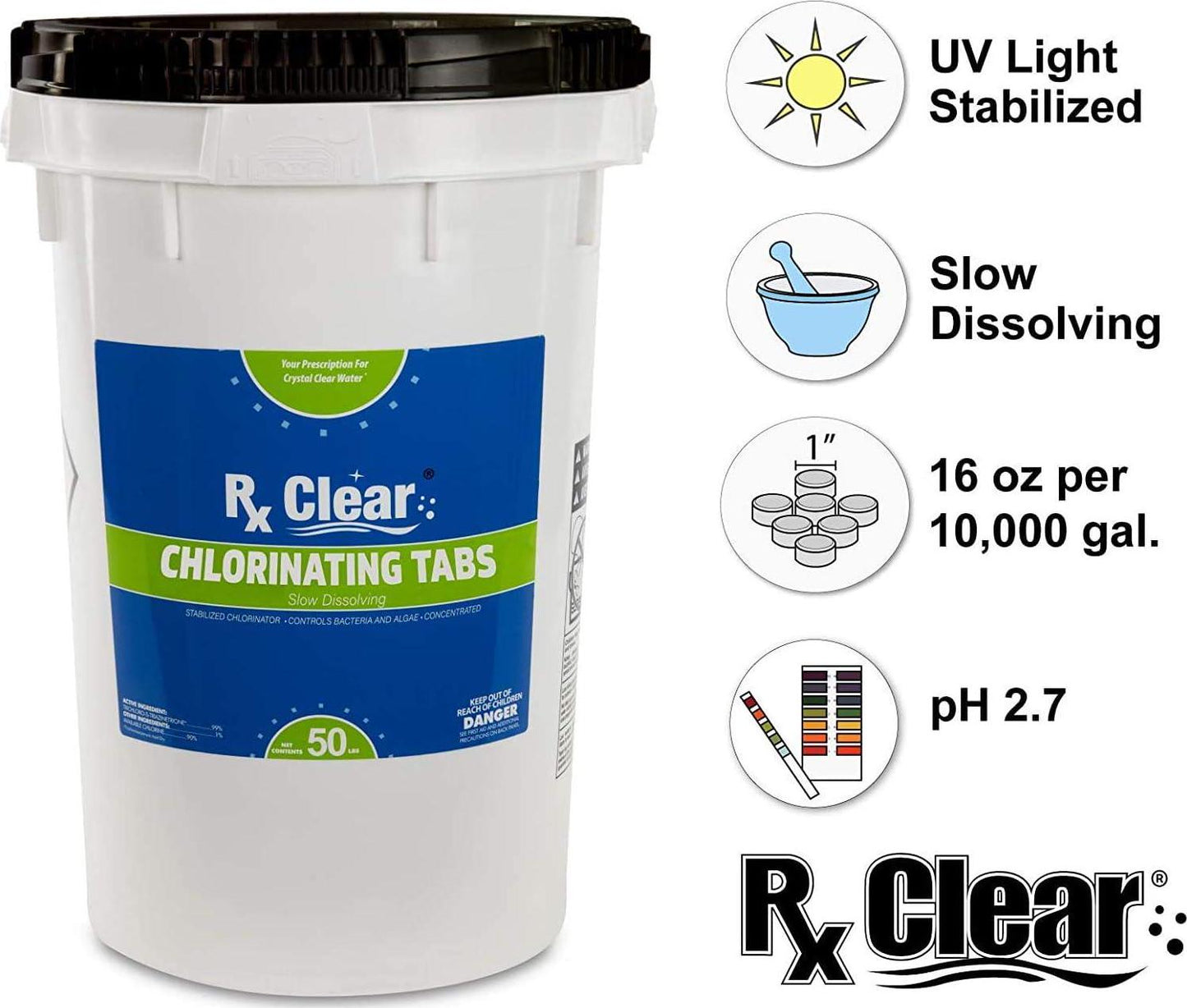 Rx Clear 1 Inch Stabilized Chlorine Tablets | 1200 Lbs | Use Tabs As Bactericide, Algaecide, And Disinfectant In Swimming Pools | Long Lasting, Slow Dissolving, And UV Protected