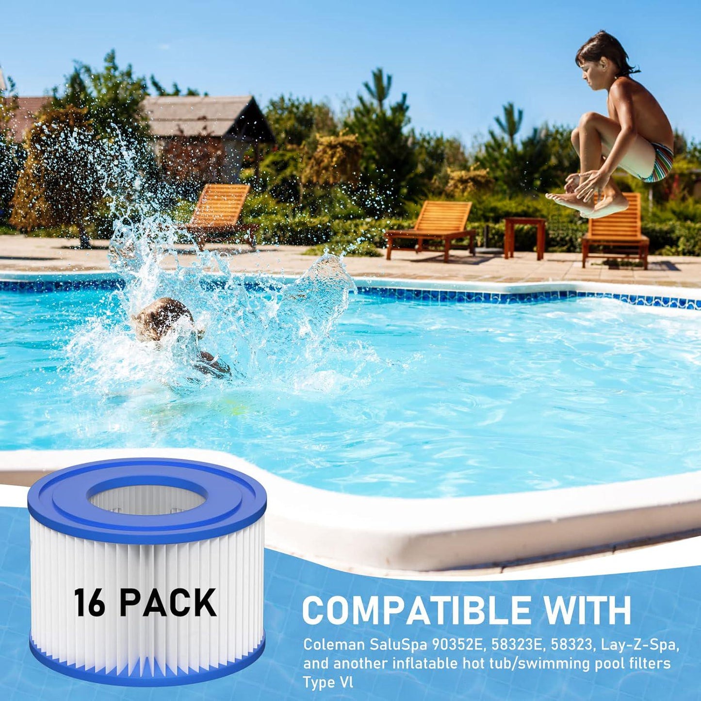 Type VI Hot Tub Filter Cartridge Compatible With Lay-Z-Spa, Coleman SaluSpa 90352E, 58323E, 58323 Swimming Pool Pump (16 Pack)