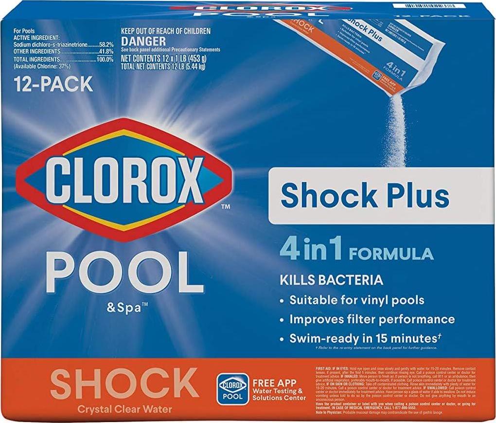 Clorox Pool&Spa Shock Plus, For Crystal Clear Swimming Pool Water, Swim-ready In 15 Minutes, Suitable For Vinyl Pools 12 Count (Pack Of 1)