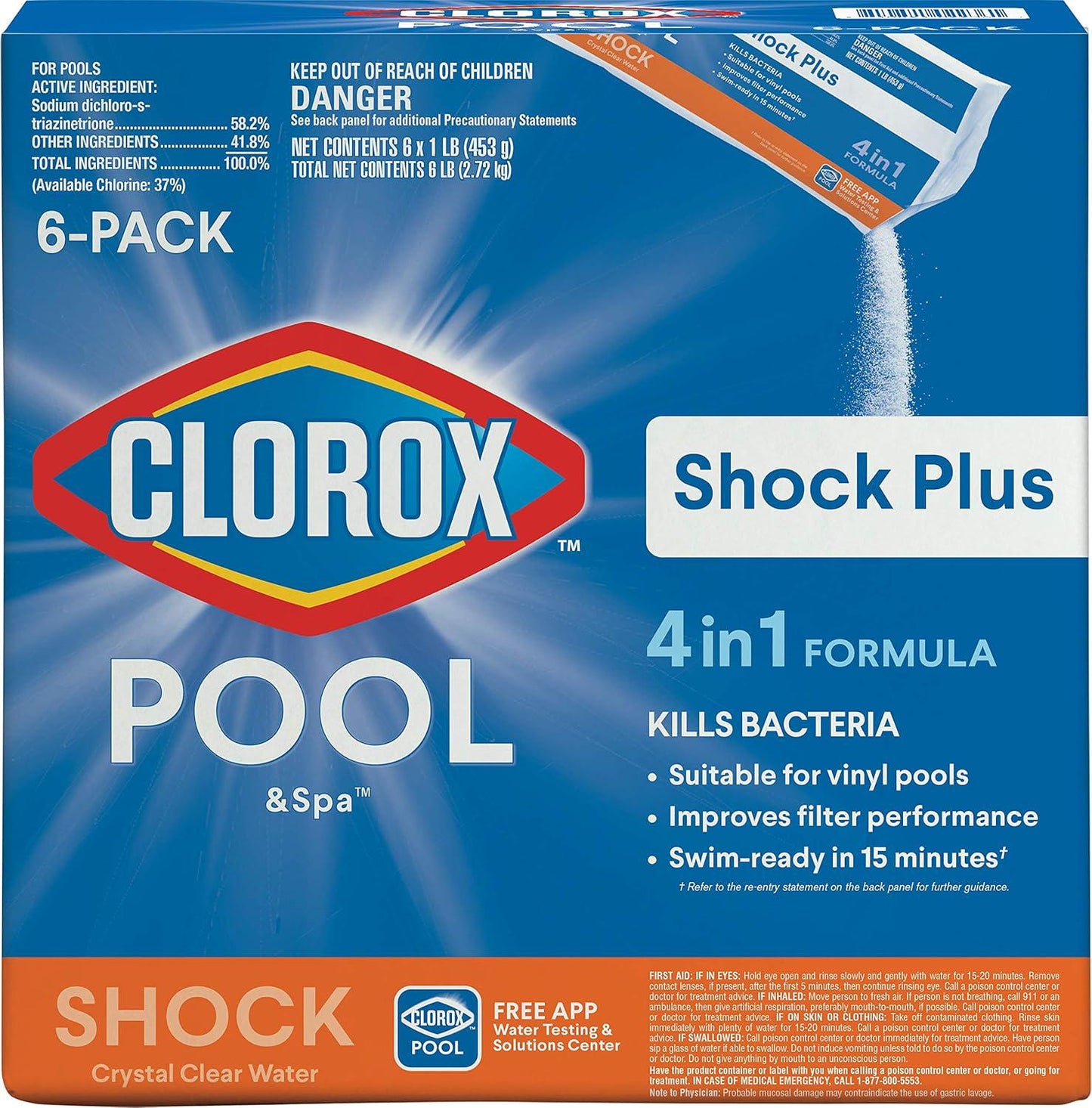 Clorox Pool&Spa Shock Plus, For Crystal Clear Swimming Pool Water, Swim-ready In 15 Minutes, Suitable For Vinyl Pools (6-Pack)