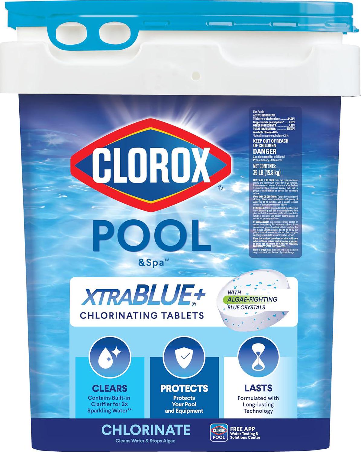 Clorox Pool&Spa XTRABLUE Plus 3 Chlorinating Tablets, Individually Wrapped, Kills Bacteria And Stops Algae (35 LB)