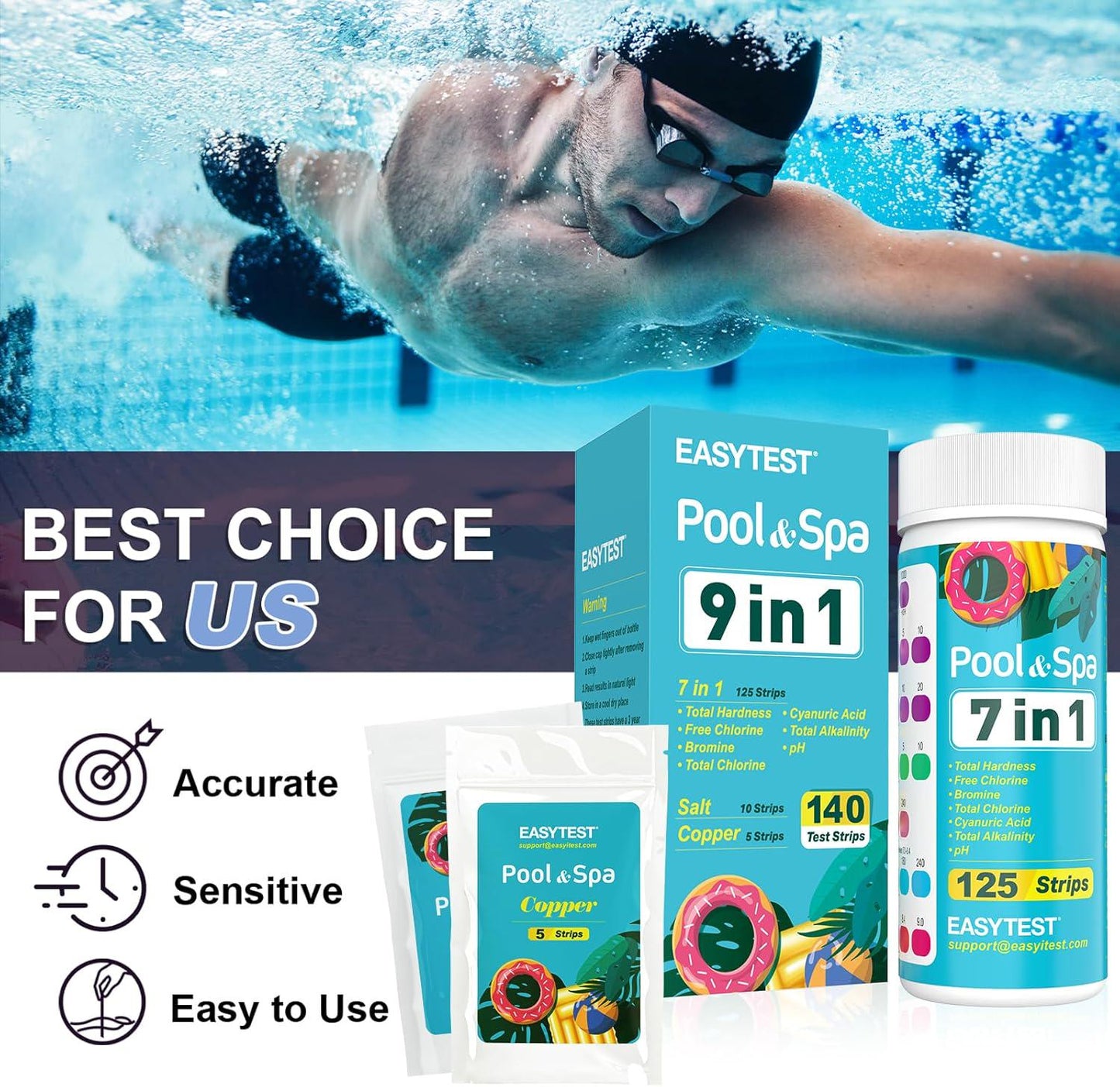 EASYTEST 9-Way Pool Test Strips, 140 Strips For Hot Tub And Spa, Accurate Testing PH, Total Chlorine, Free Chlorine, Bromine, Alkalinity, Total Hardness, Cyanuric Acid, Salt And Copper