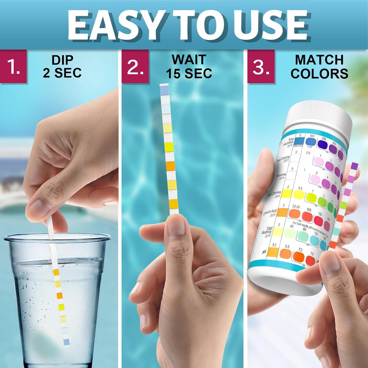 EASYTEST 9-Way Pool Test Strips, 140 Strips For Hot Tub And Spa, Accurate Testing PH, Total Chlorine, Free Chlorine, Bromine, Alkalinity, Total Hardness, Cyanuric Acid, Salt And Copper