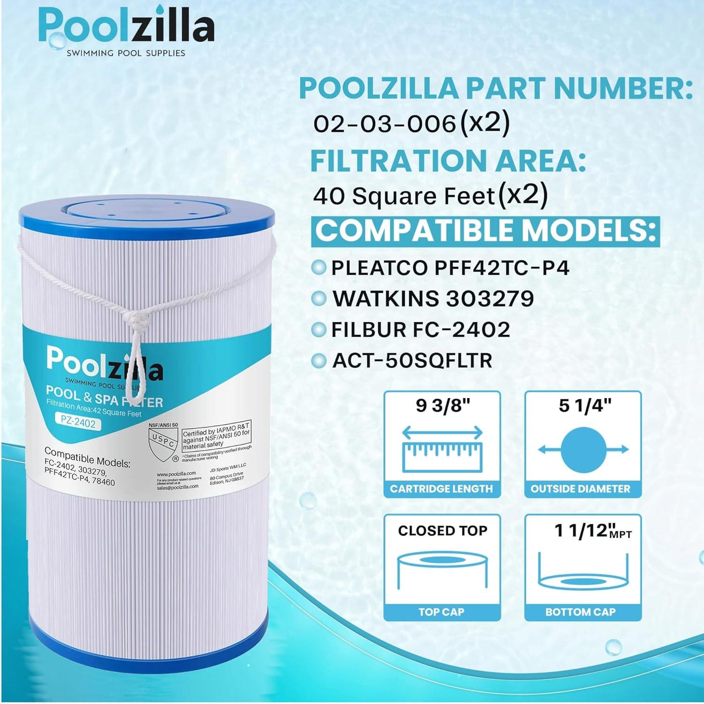 Poolzilla 2-Pack Spa Filter Replacement Cartridge, FC-2402 For Watkins 303279, PFF42TC-P4, 78460, SD-01322