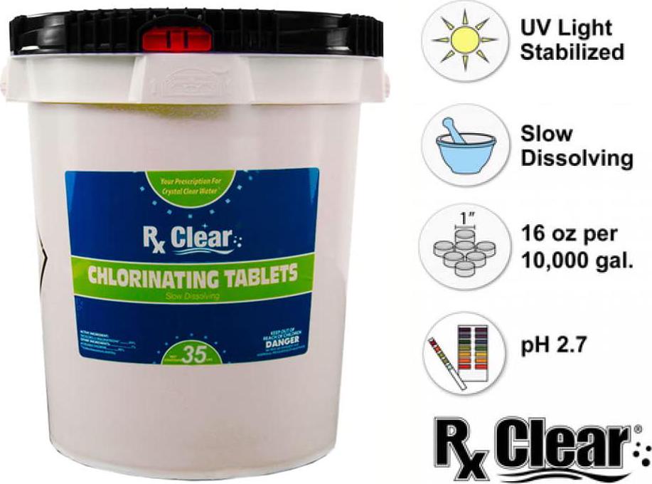 Rx Clear 1 Inch Stabilized Chlorine Tablets | 35 Lbs | Use Tabs As Bactericide, Algaecide, And Disinfectant In Swimming Pools | Long Lasting, Slow Dissolving, And UV Protected
