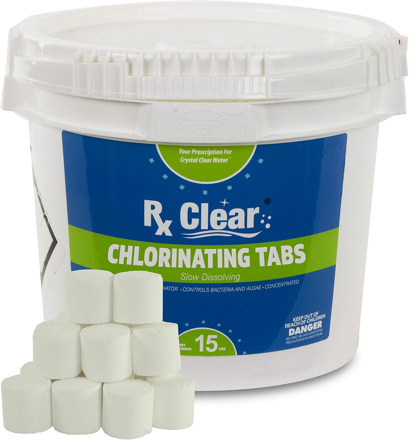 Rx Clear 1-Inch Stabilized Chlorine Tablets | Use As Bactericide, Algaecide, And Disinfectant In Swimming Pools | Slow Dissolving And UV Protected | 15 Lbs
