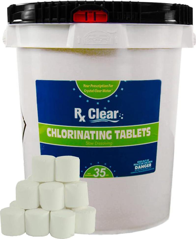 Rx Clear 1 Inch Stabilized Chlorine Tablets | 35 Lbs | Use Tabs As Bactericide, Algaecide, And Disinfectant In Swimming Pools | Long Lasting, Slow Dissolving, And UV Protected