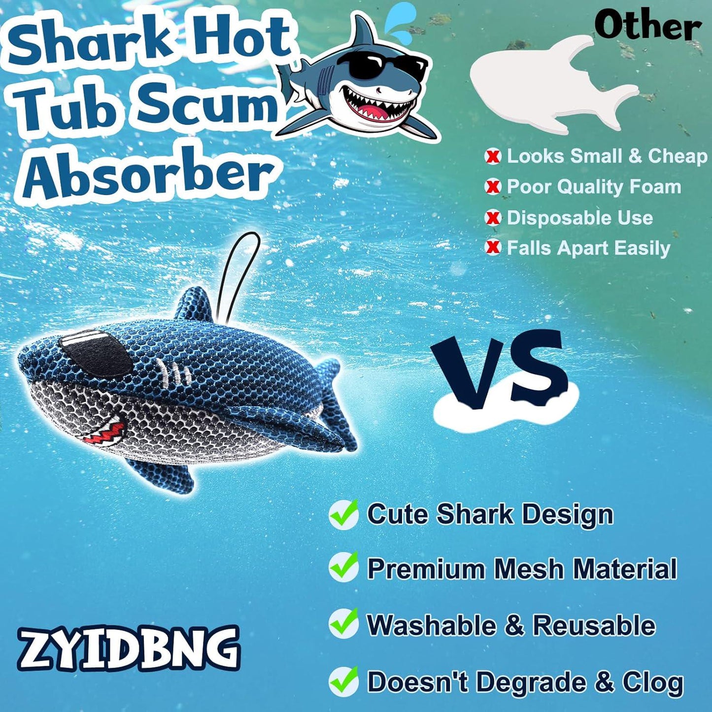 Shark Hot Tub Scum Absorber Reusable Washable Hot Tub Sponge Scum Absorber For Spa Hot Tub Oil Scum Absorber Spa Accessories For Adults (2 Pack, Shark)