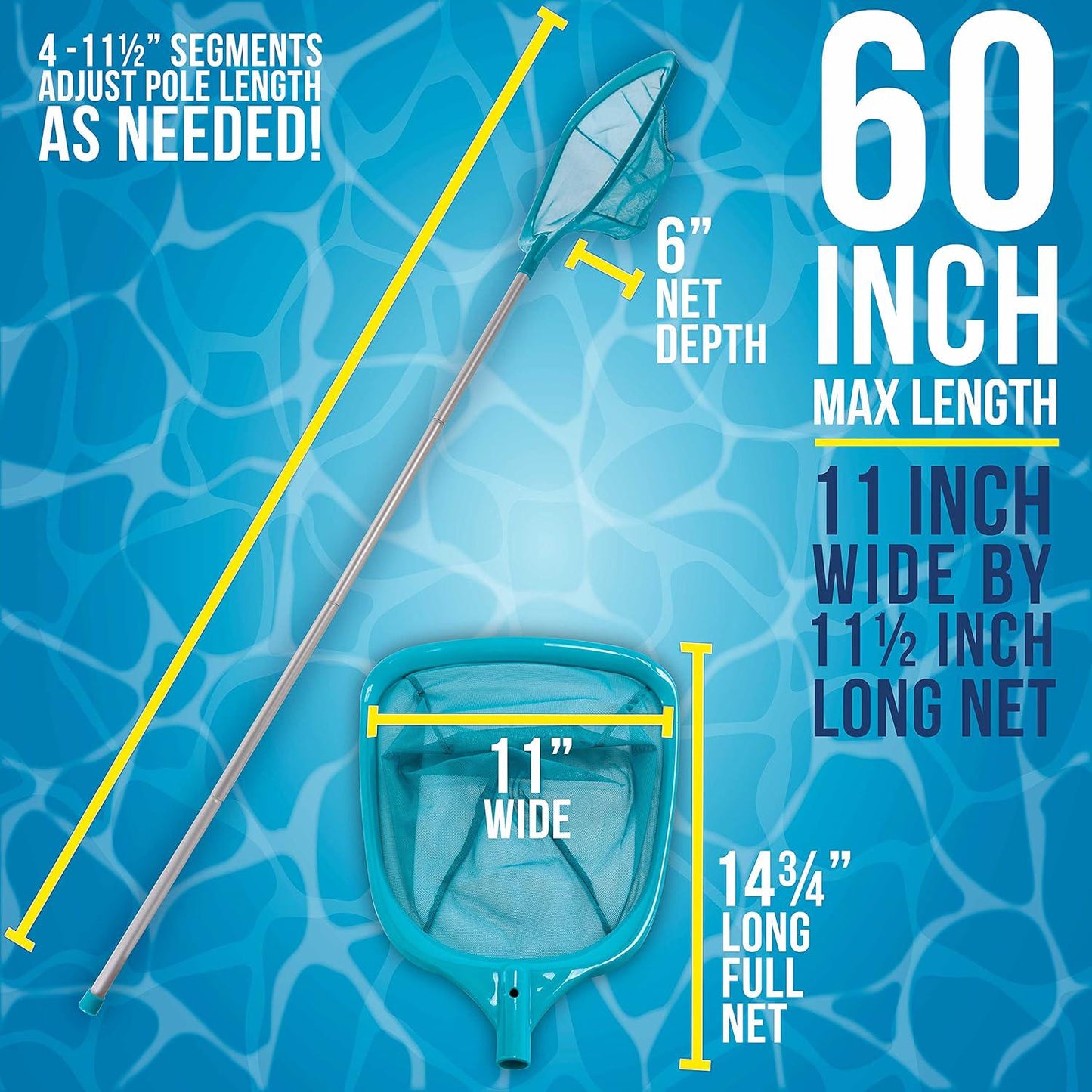 U.S. Pool Supply Swimming Pool 5 Foot Leaf Skimmer Net With 4 Aluminum Pole Sections - 6 Deep Ultra Fine Mesh Netting Bag Basket For Fast Cleaning Of The Finest Debris - 60 Long, Clean Spas, Ponds