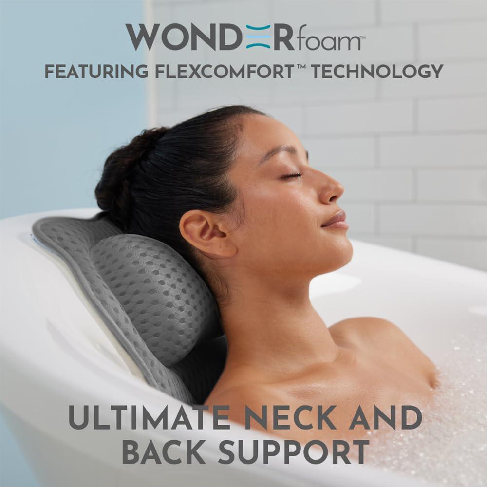 WONDERfoam Thick Padded Ergonomic Bath Pillow For Tub, Support For Head Neck And Back, Slip-Resistant, Machine Washable Breathable Quick Dry Mesh Bathtub Headrest Pillows, Spa Rest Accessories, Gray