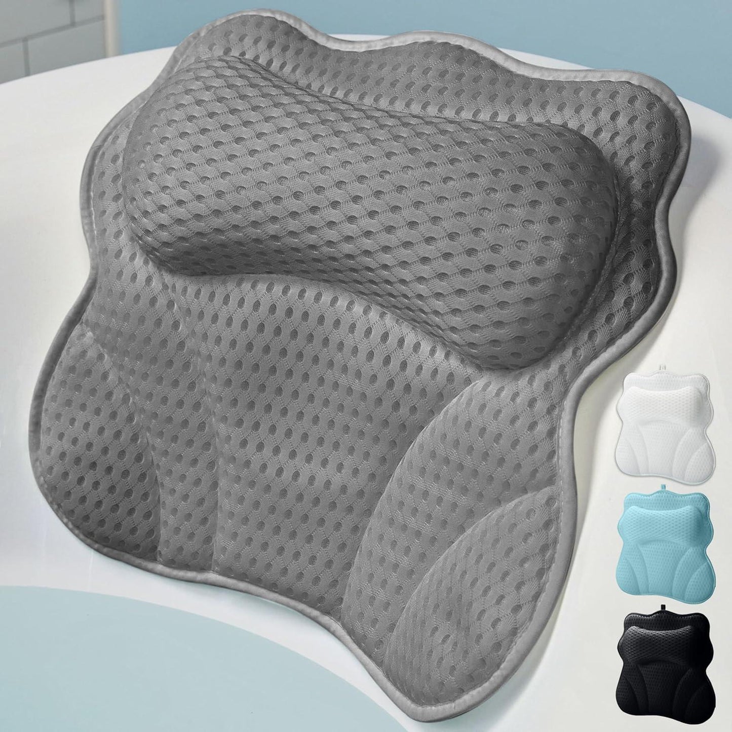 WONDERfoam Thick Padded Ergonomic Bath Pillow For Tub, Support For Head Neck And Back, Slip-Resistant, Machine Washable Breathable Quick Dry Mesh Bathtub Headrest Pillows, Spa Rest Accessories, Gray