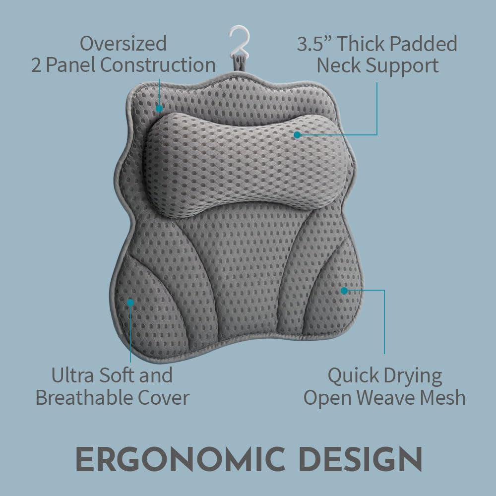 WONDERfoam Thick Padded Ergonomic Bath Pillow For Tub, Support For Head Neck And Back, Slip-Resistant, Machine Washable Breathable Quick Dry Mesh Bathtub Headrest Pillows, Spa Rest Accessories, Gray