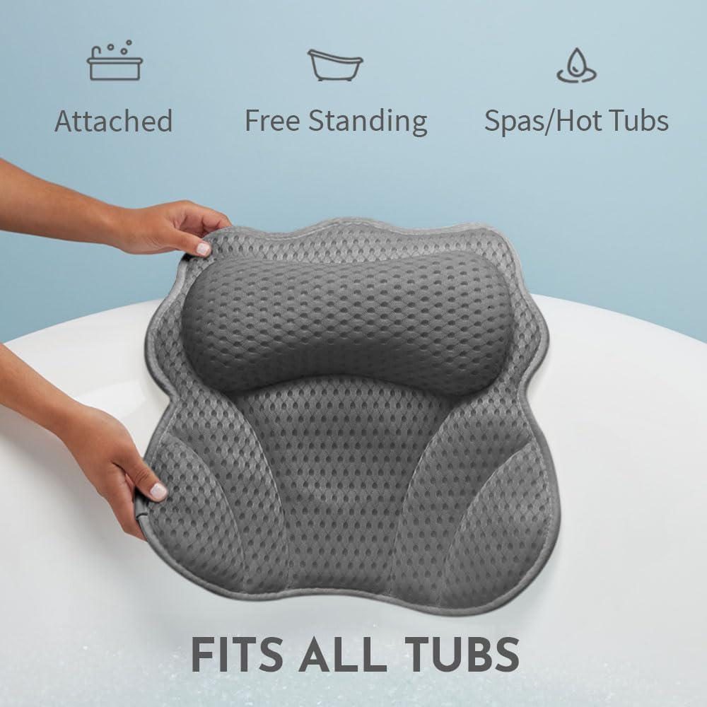 WONDERfoam Thick Padded Ergonomic Bath Pillow For Tub, Support For Head Neck And Back, Slip-Resistant, Machine Washable Breathable Quick Dry Mesh Bathtub Headrest Pillows, Spa Rest Accessories, Gray