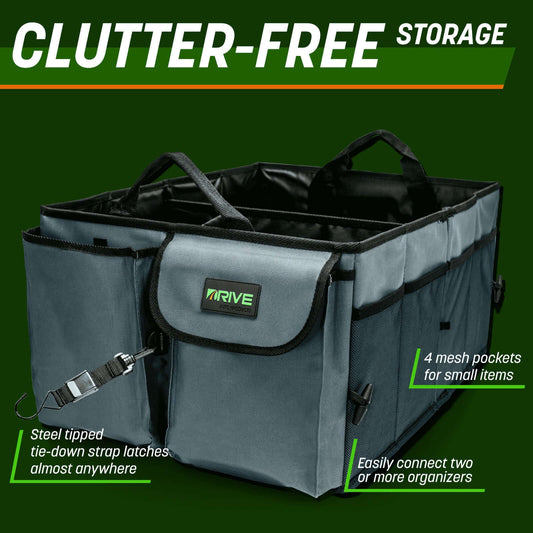 Collapsible car trunk organizer featuring steel tie-down straps and four mesh pockets for clutter-free storage.